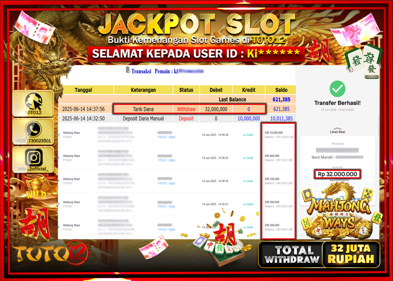HANYA DI TOTO12 JP PASTI DI BAYAR LUNAS DAN CEPAT!!!!!! JACKPOT SLOT GAME (MAHJONG WAYS) Rp.32.000.000 !!!!