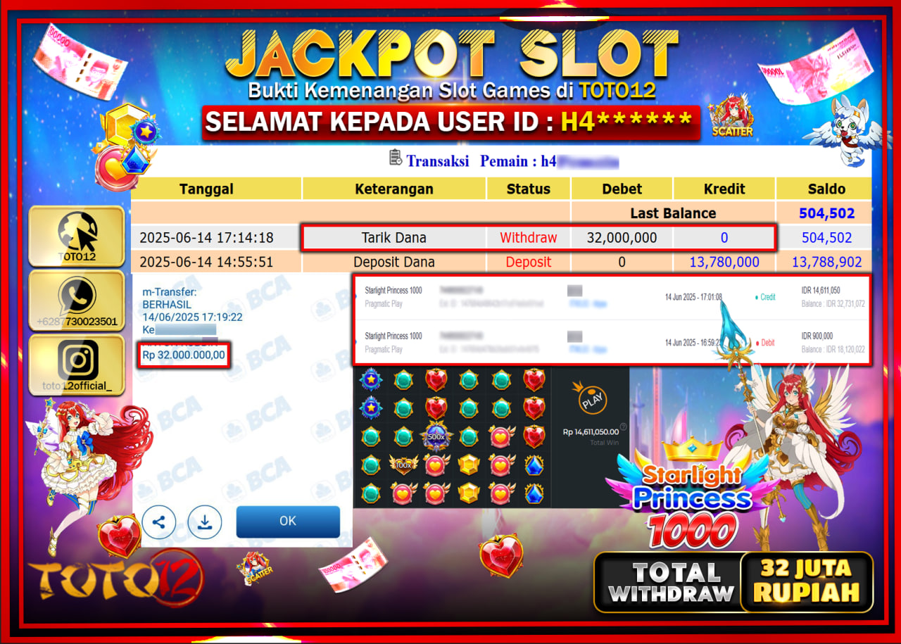 HANYA DI TOTO12 JP PASTI DI BAYAR LUNAS DAN CEPAT!!!!!! JACKPOT SLOT GAME (STARLIGHT PRINCESS 1000) Rp.32.000.000 !!!!