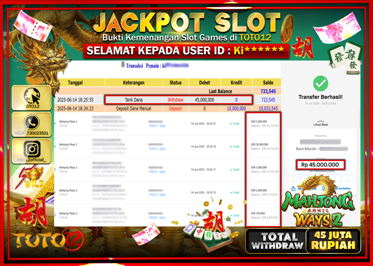 HANYA DI TOTO12 JP PASTI DI BAYAR LUNAS DAN CEPAT!!!!!! JACKPOT SLOT GAME (MAHJONG WAYS 2) Rp.45.000.000 !!!!