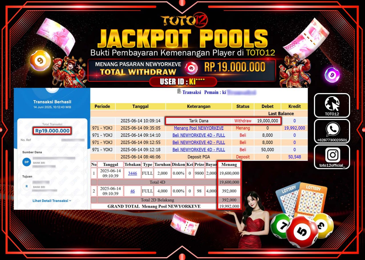 HANYA DI TOTO12 JP PASTI DI BAYAR LUNAS DAN CEPAT!!!!!! JACKPOT POOLS PASARAN (NEWYORKEVE) Rp.19.000.000 !!!!