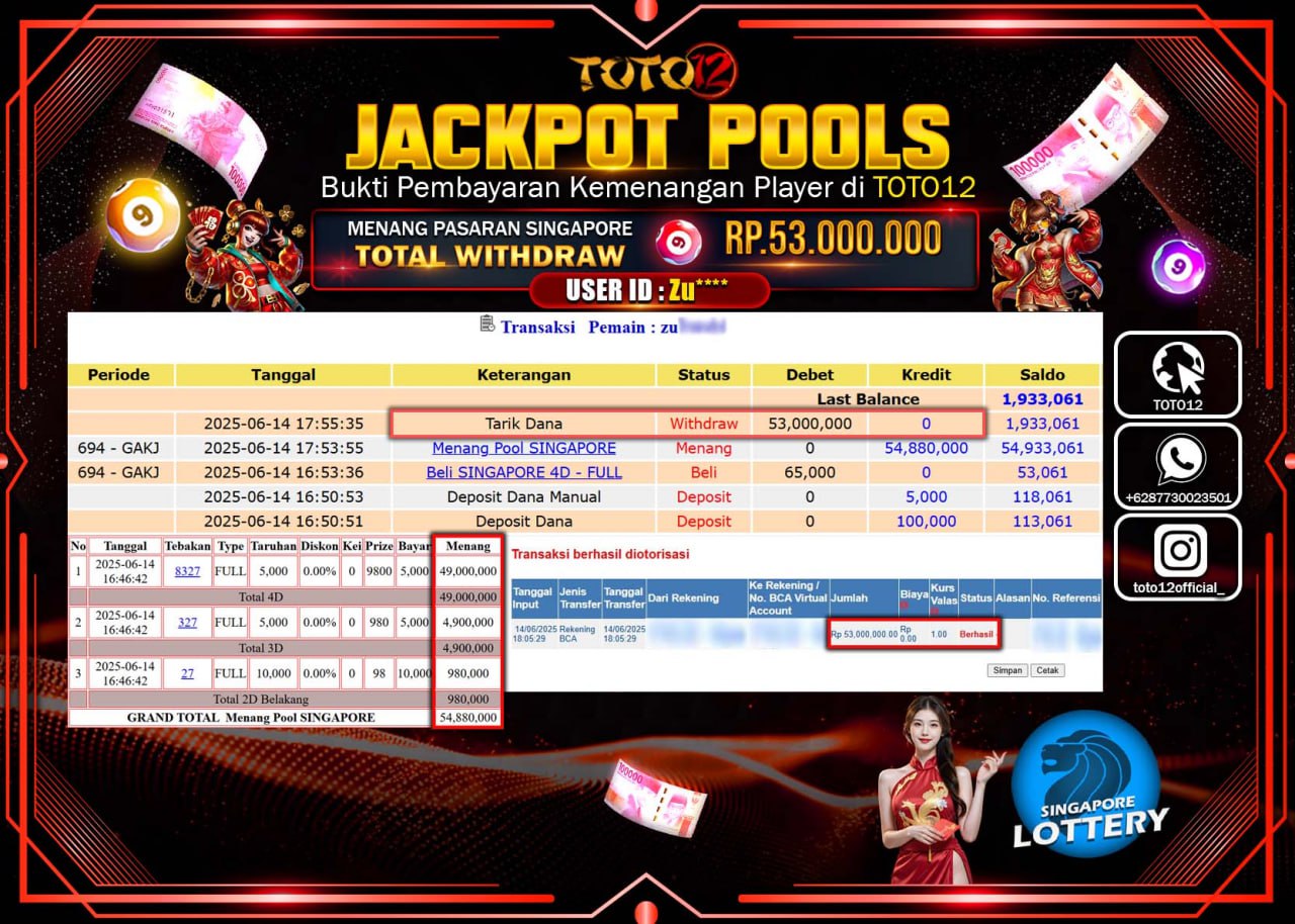 HANYA DI TOTO12 JP PASTI DI BAYAR LUNAS DAN CEPAT!!!!!! JACKPOT POOLS PASARAN (SINGAPORE) Rp.53.000.000 !!!!