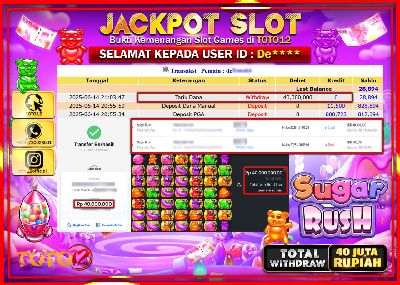 HANYA DI TOTO12 JP PASTI DI BAYAR LUNAS DAN CEPAT!!!!!! JACKPOT SLOT GAME (SUGAR RUSH) Rp.40.000.000 !!!!