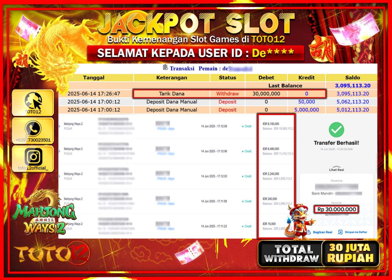 HANYA DI TOTO12 JP PASTI DI BAYAR LUNAS DAN CEPAT!!!!!! JACKPOT SLOT GAME (MAHJONG WAY) Rp.30.000.000 !!!!