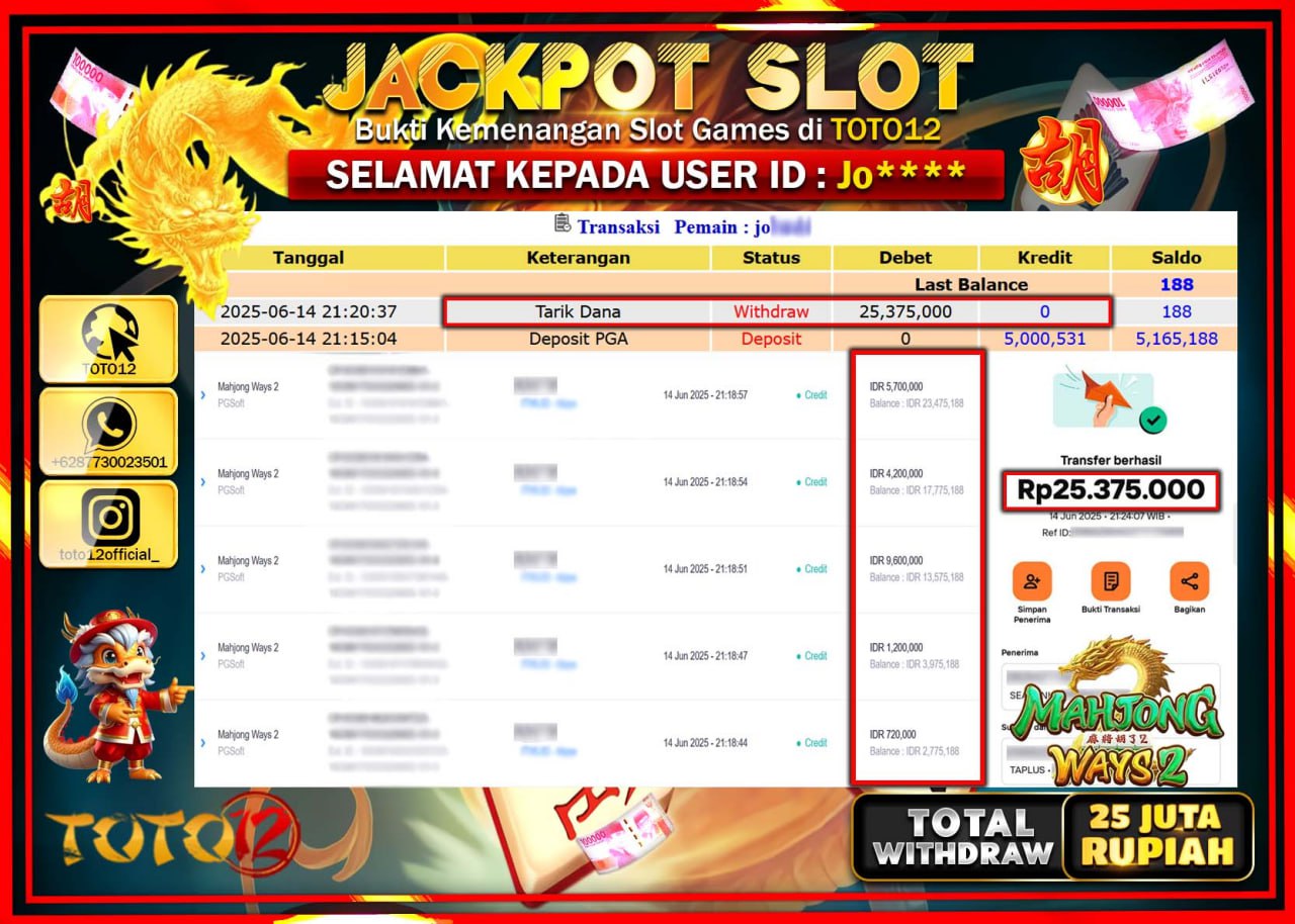 HANYA DI TOTO12 JP PASTI DI BAYAR LUNAS DAN CEPAT!!!!!! JACKPOT SLOT GAME (MAHJONG WAYS 2) Rp.25.000.000 !!!!