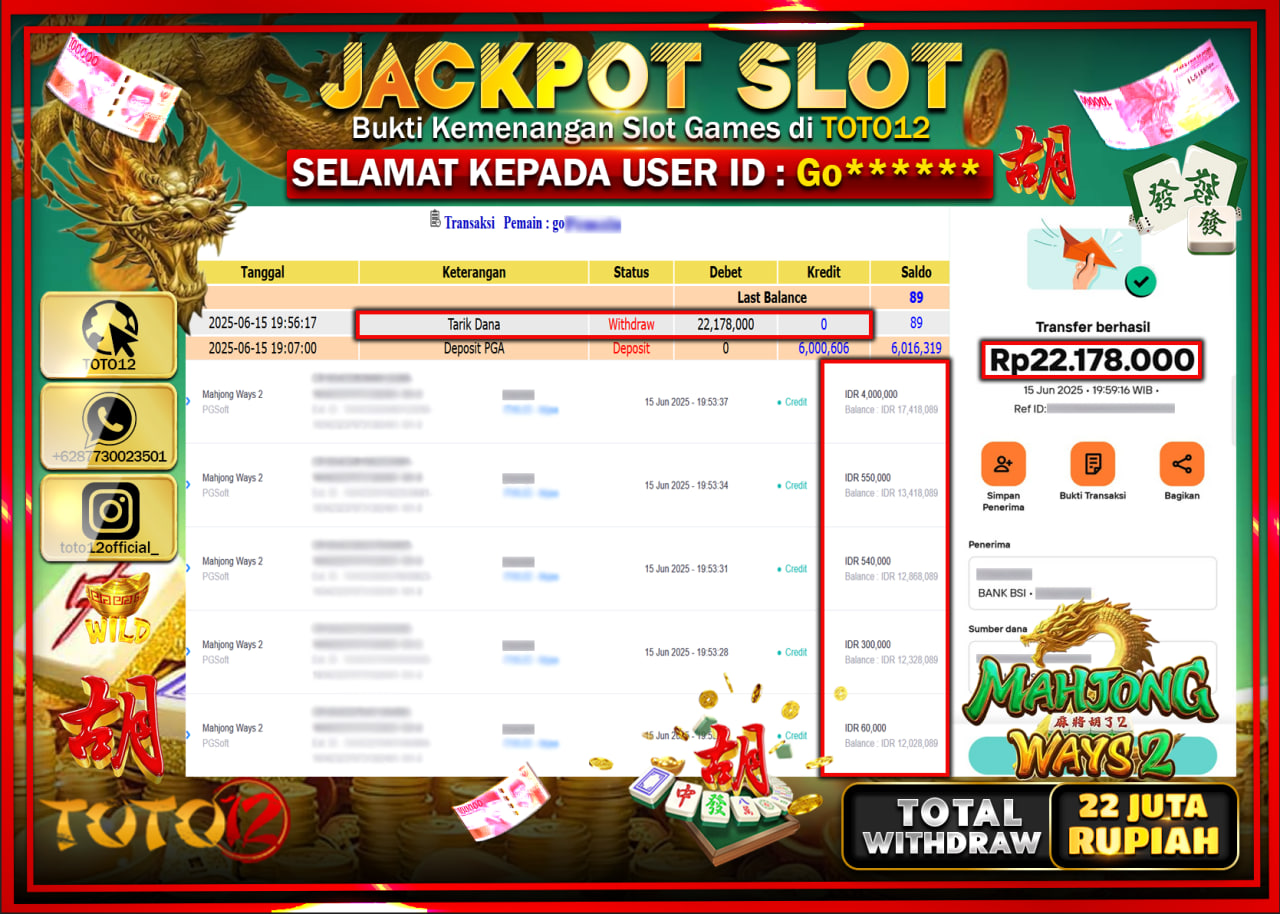 HANYA DI TOTO12 JP PASTI DI BAYAR LUNAS DAN CEPAT!!!!!! JACKPOT SLOT GAME (MAHJONG WAYS 2) Rp.22.000.000 !!!!