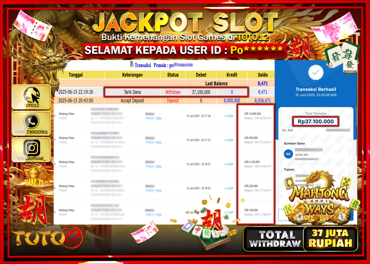 HANYA DI TOTO12 JP PASTI DI BAYAR LUNAS DAN CEPAT!!!!!! JACKPOT SLOT GAME (MAHJONG WAYS) Rp.37.000.000 !!!!
