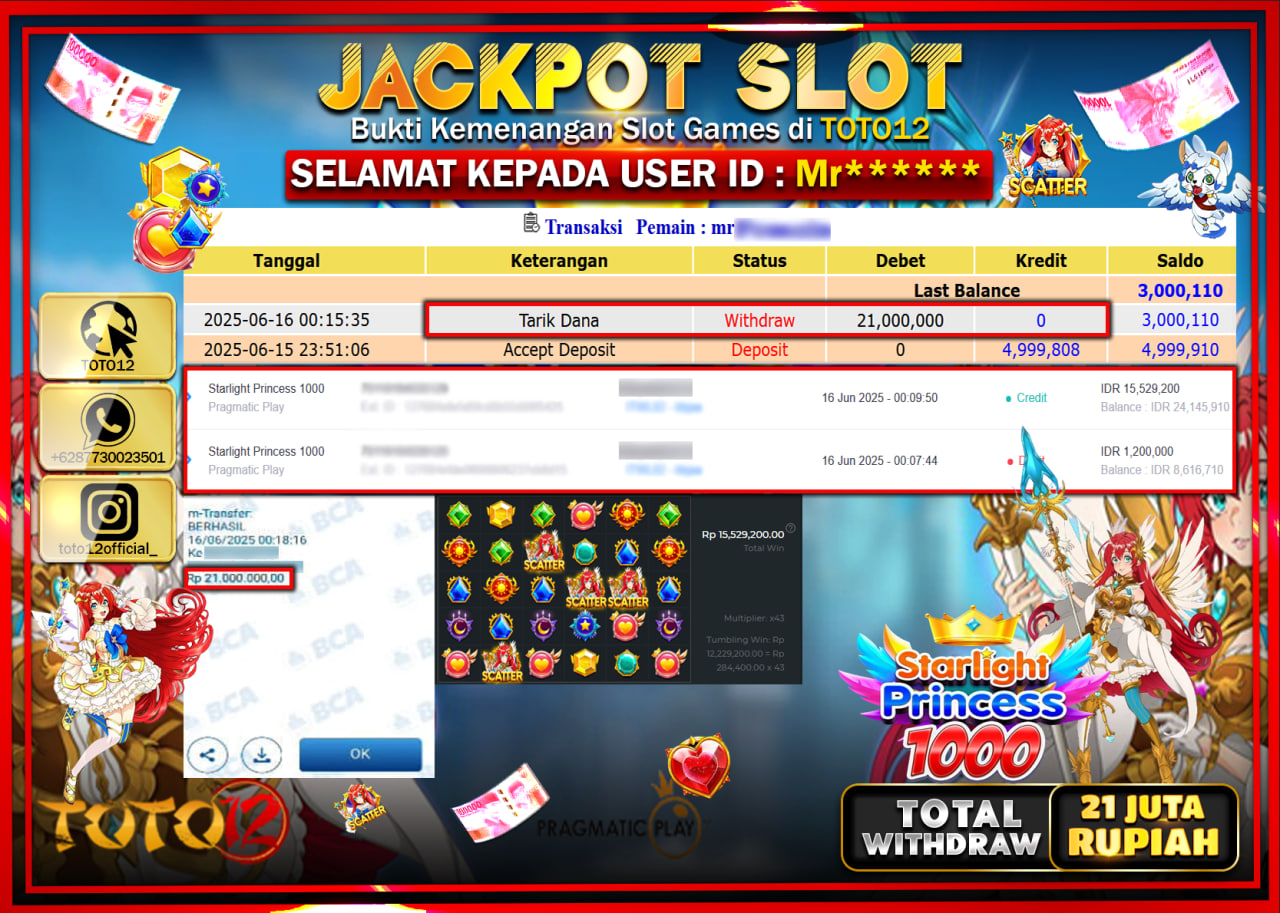HANYA DI TOTO12 JP PASTI DI BAYAR LUNAS DAN CEPAT!!!!!! JACKPOT SLOT GAME (STARLIGHT PRINCESS 1000) Rp.21.000.000 !!!!