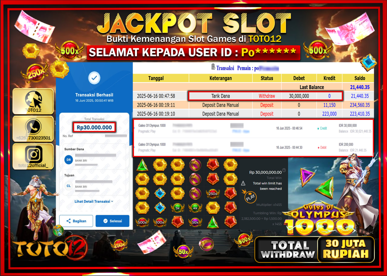 HANYA DI TOTO12 JP PASTI DI BAYAR LUNAS DAN CEPAT!!!!!! JACKPOT SLOT GAME (GATES OF OLYMPUS 1000) Rp.30.000.000 !!!!
