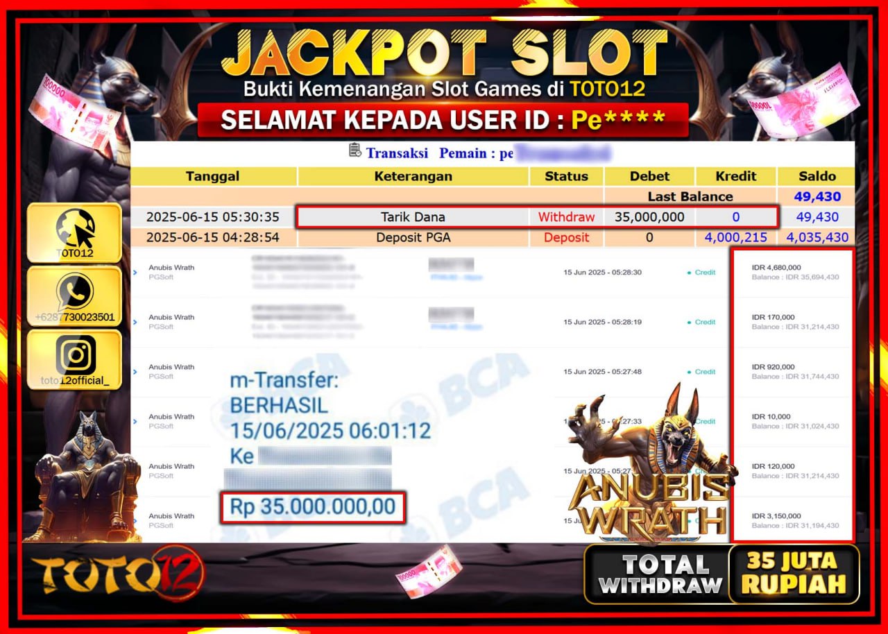HANYA DI TOTO12 JP PASTI DI BAYAR LUNAS DAN CEPAT!!!!!! JACKPOT SLOT GAME (ANUBIS WRATH) Rp.35.000.000 !!!!