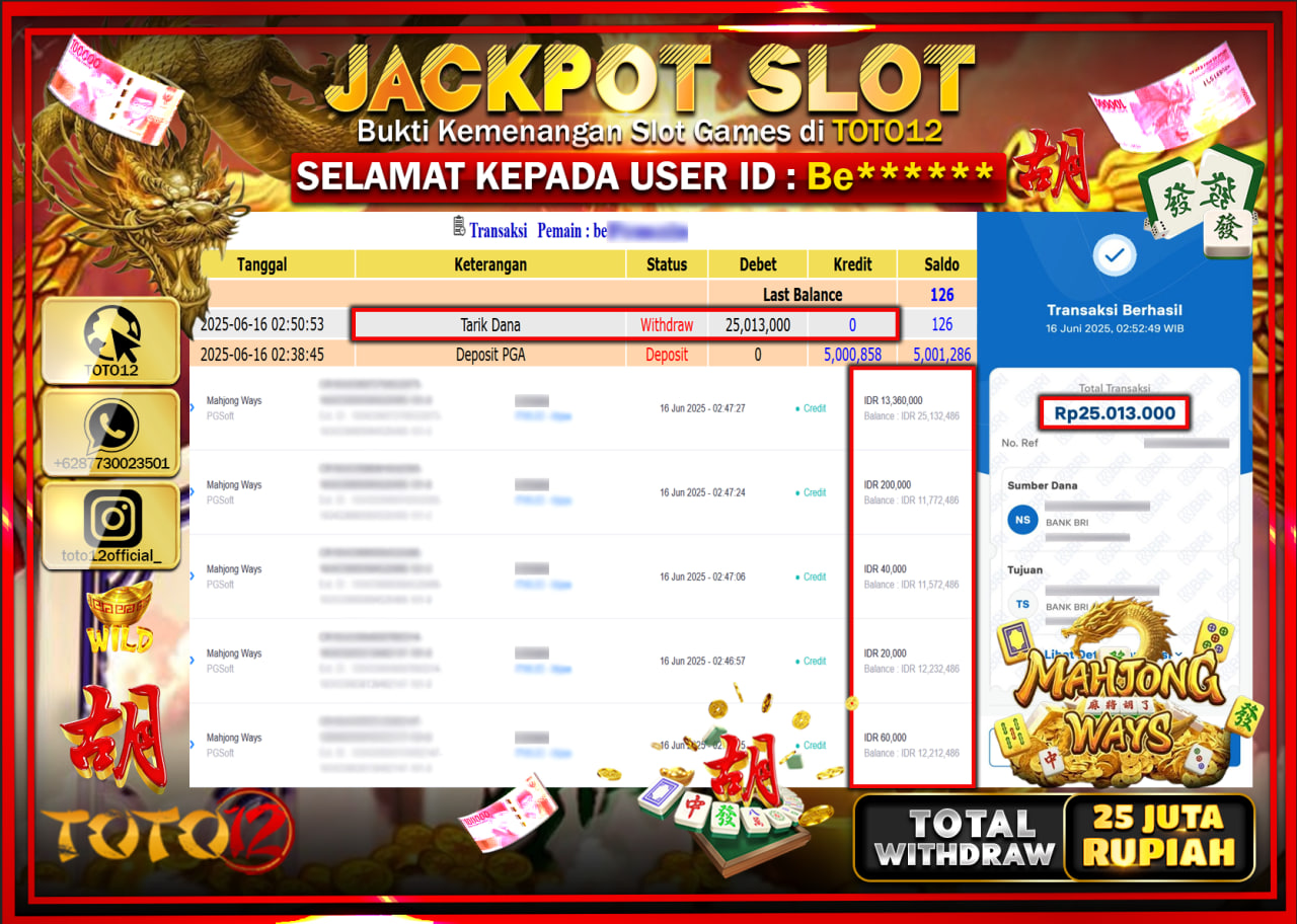 HANYA DI TOTO12 JP PASTI DI BAYAR LUNAS DAN CEPAT!!!!!! JACKPOT SLOT GAME (MAHJONG WAYS) Rp.25.000.000 !!!!