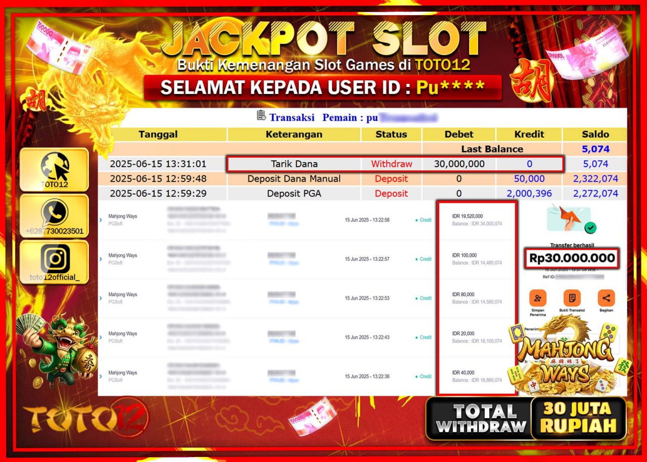 HANYA DI TOTO12 JP PASTI DI BAYAR LUNAS DAN CEPAT!!!!!! JACKPOT SLOT GAME (MAHJONG WAYS) Rp.30.000.000 !!!!