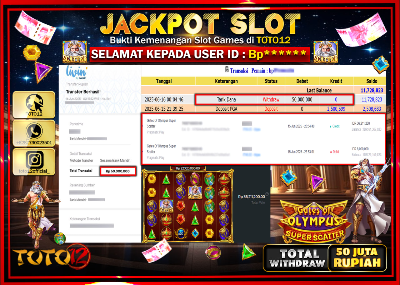 HANYA DI TOTO12 JP PASTI DI BAYAR LUNAS DAN CEPAT!!!!!! JACKPOT SLOT GAME (GATES OF OLYMPUS  SUPER SCATTER) Rp.50.000.000 !!!!
