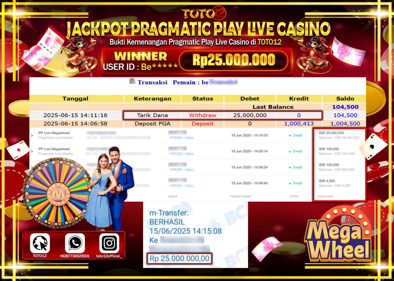 HANYA DI TOTO12 JP PASTI DI BAYAR LUNAS DAN CEPAT!!!!!! JACKPOT PRAGMATIC PLAY LIVE CASINO (MEGA WHEEL) Rp.25.000.000 !!!!
