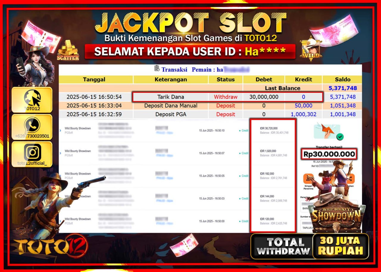HANYA DI TOTO12 JP PASTI DI BAYAR LUNAS DAN CEPAT!!!!!! JACKPOT SLOT GAME (WILD BOUNTY SHOWDOWN) Rp.30.000.000 !!!!