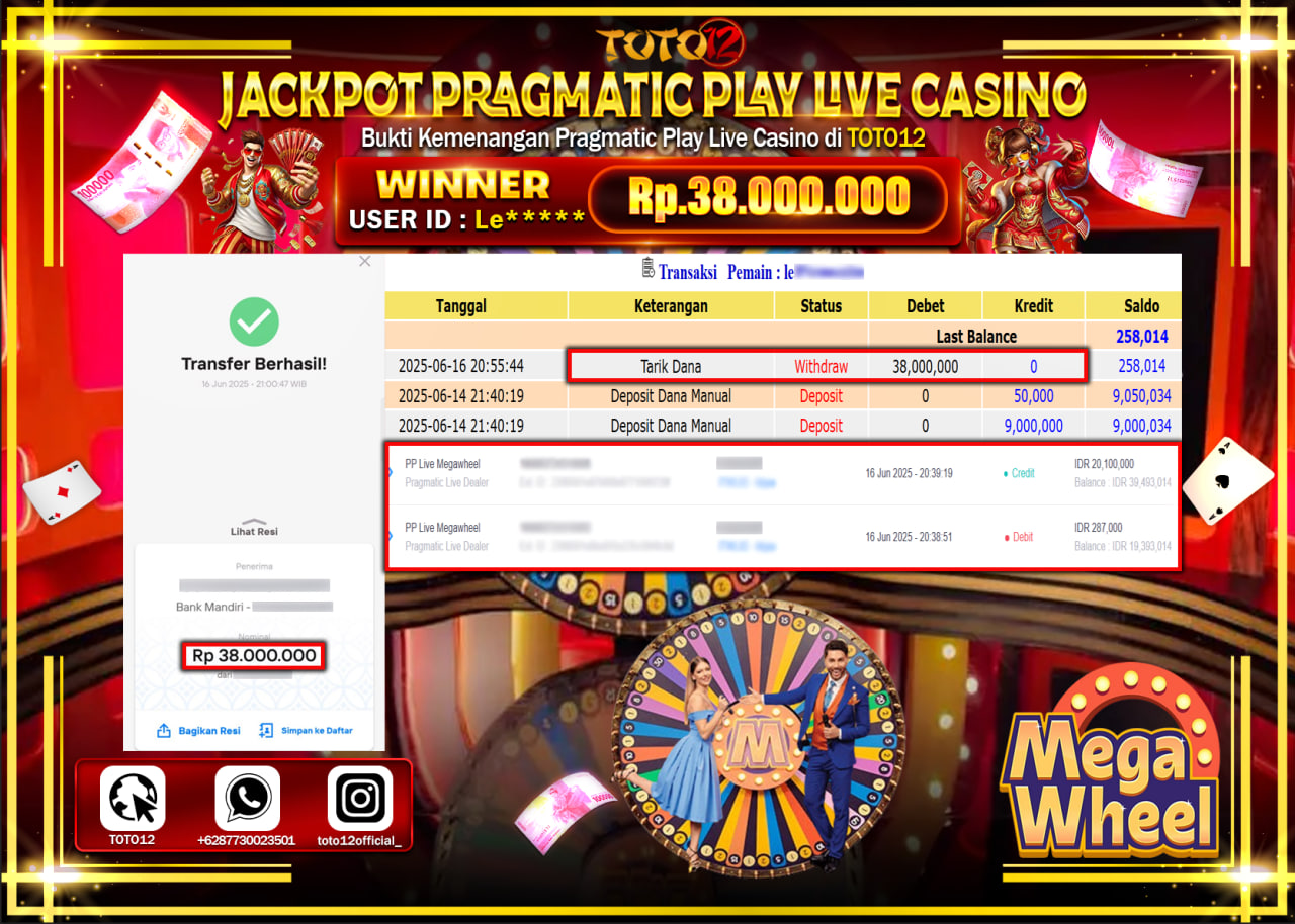 HANYA DI TOTO12 JP PASTI DI BAYAR LUNAS DAN CEPAT!!!!!! JACKPOT PRAGMATIC PLAY LIVE CASINO (MEGA WHEEL) Rp.38.000.000 !!!!