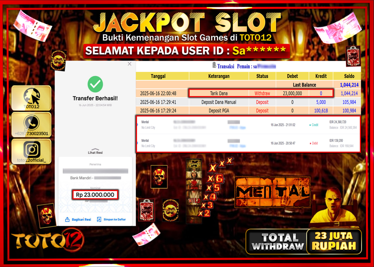 HANYA DI TOTO12 JP PASTI DI BAYAR LUNAS DAN CEPAT!!!!!! JACKPOT SLOT GAME (MENTAL) Rp.23.000.000 !!!!