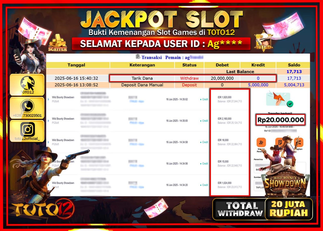 HANYA DI TOTO12 JP PASTI DI BAYAR LUNAS DAN CEPAT!!!!!! JACKPOT SLOT GAME (WILD BOUNTY SHOWDOWN) Rp.20.000.000 !!!!