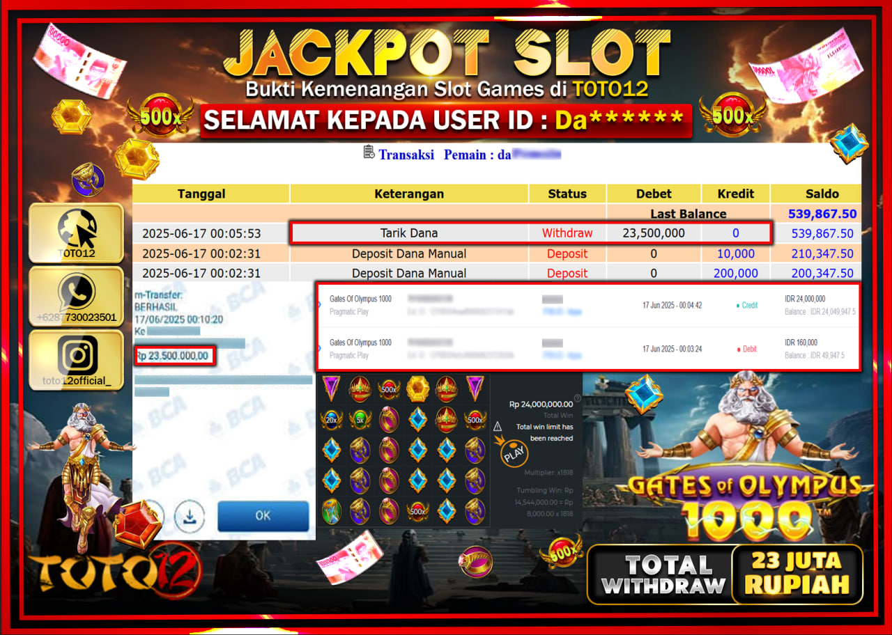 HANYA DI TOTO12 JP PASTI DI BAYAR LUNAS DAN CEPAT!!!!!! JACKPOT SLOT GAME (GATES OF OLYMPUS 1000) Rp.23.000.000 !!!!