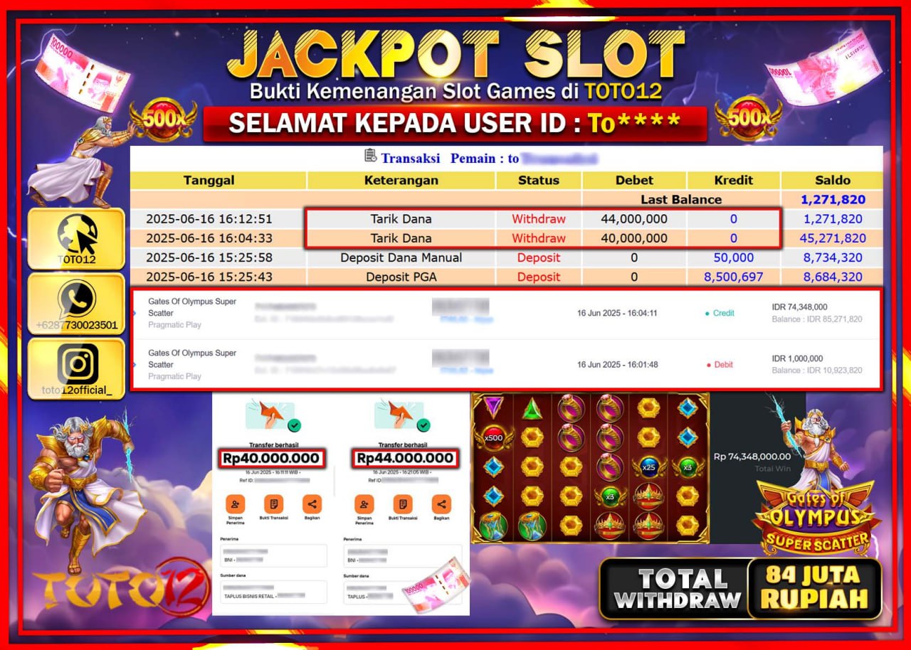 HANYA DI TOTO12 JP PASTI DI BAYAR LUNAS DAN CEPAT!!!!!! JACKPOT SLOT GAME (GATES OF OLYMPUS SUPER SCATTER) Rp.84.000.000 !!!!