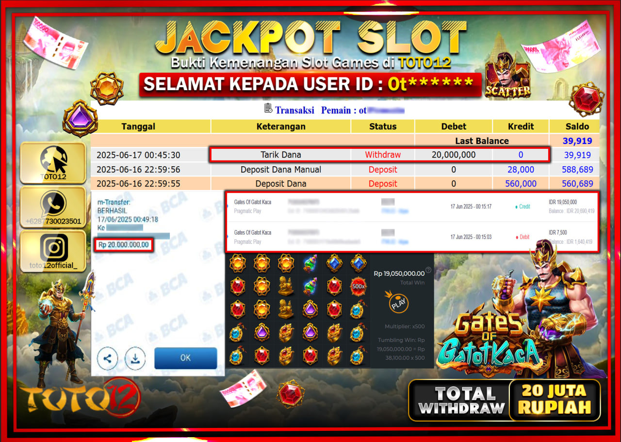 HANYA DI TOTO12 JP PASTI DI BAYAR LUNAS DAN CEPAT!!!!!! JACKPOT SLOT GAME (GATES OF GATOT KACA) Rp.20.000.000 !!!!