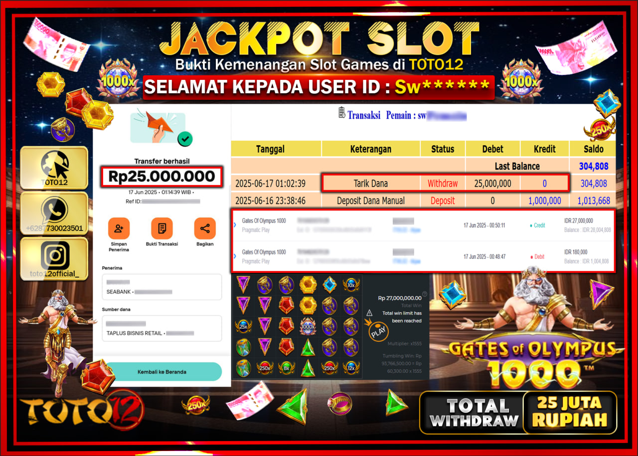 HANYA DI TOTO12 JP PASTI DI BAYAR LUNAS DAN CEPAT!!!!!! JACKPOT SLOT GAME (GATES OF OLYMPUS 1000) Rp.25.000.000 !!!!