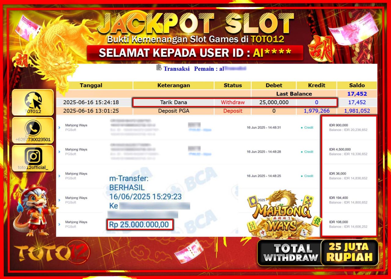 HANYA DI TOTO12 JP PASTI DI BAYAR LUNAS DAN CEPAT!!!!!! JACKPOT SLOT GAME (MAHJONG WAYS) Rp.25.000.000 !!!!