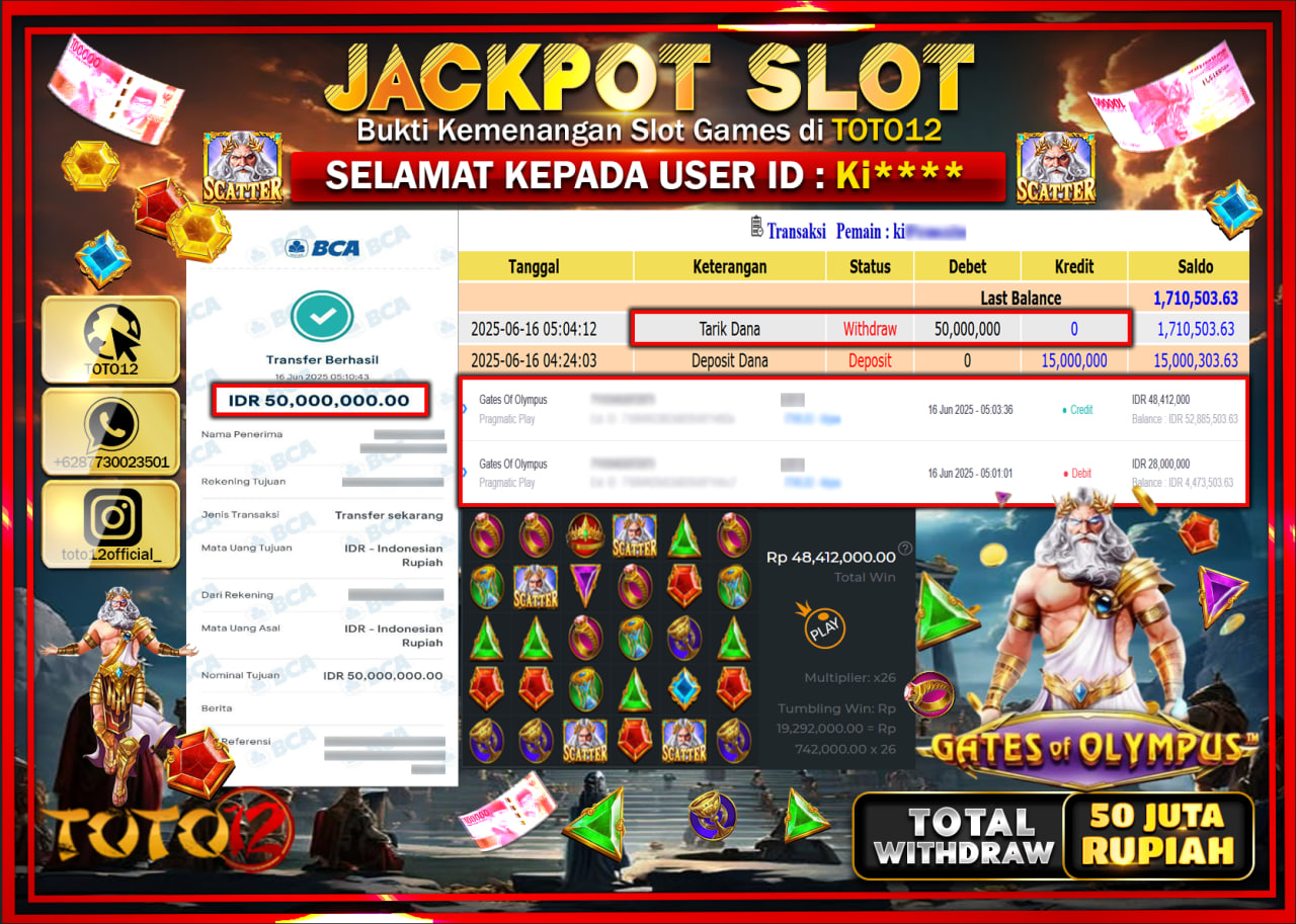 HANYA DI TOTO12 JP PASTI DI BAYAR LUNAS DAN CEPAT!!!!!! JACKPOT SLOT GAME (GATES OF OLYMPUS) Rp.50.000.000 !!!!