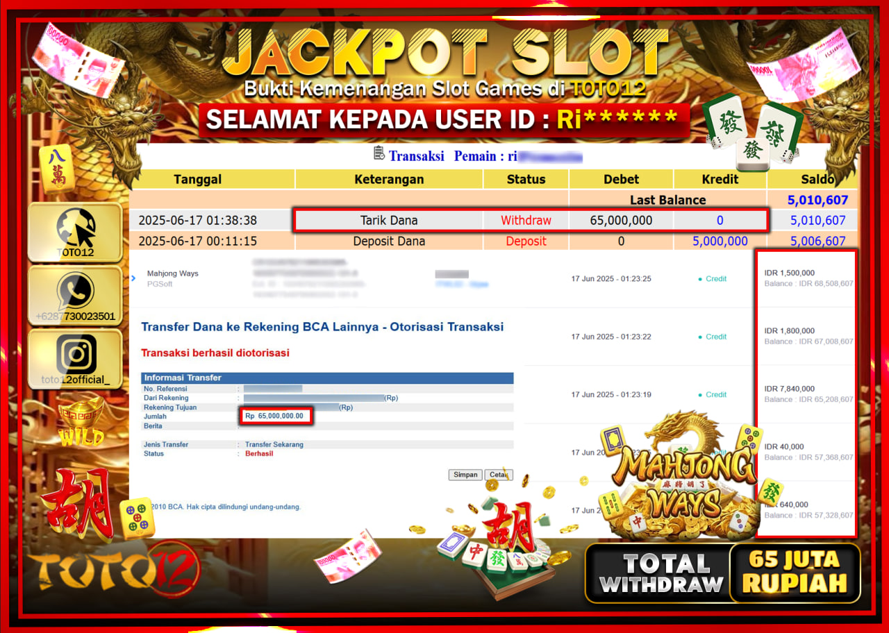 HANYA DI TOTO12 JP PASTI DI BAYAR LUNAS DAN CEPAT!!!!!! JACKPOT SLOT GAME (MAHJONG WAYS) Rp.65.000.000 !!!!