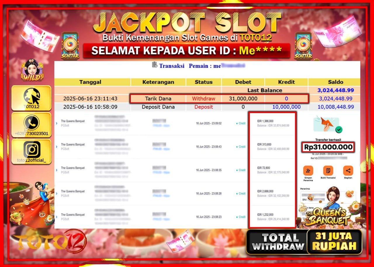 HANYA DI TOTO12 JP PASTI DI BAYAR LUNAS DAN CEPAT!!!!!! JACKPOT SLOT GAME (THE QUEENS BANQUET) Rp.31.000.000 !!!!