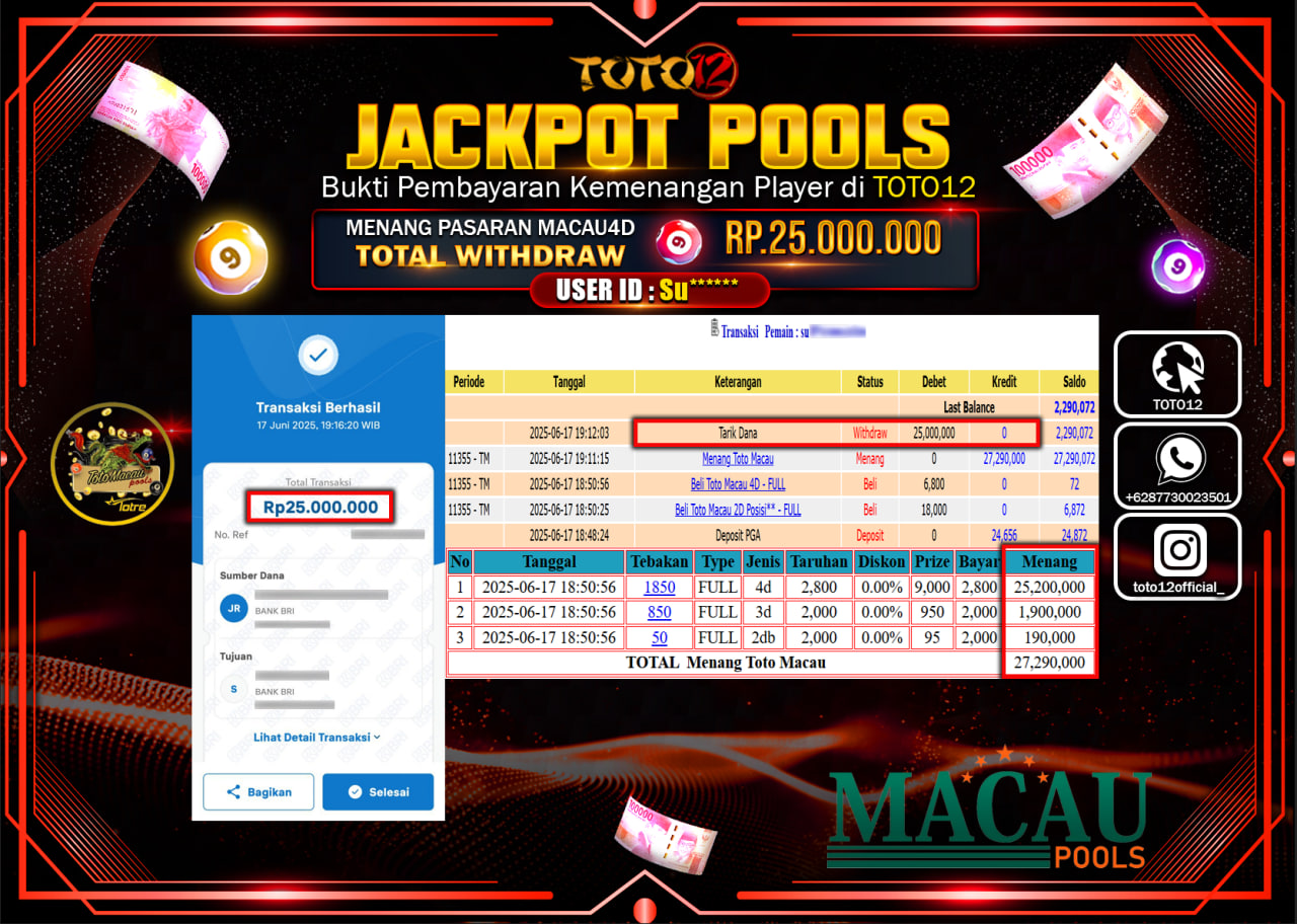 HANYA DI TOTO12 JP PASTI DI BAYAR LUNAS DAN CEPAT!!!!!! JACKPOT POOLS PASARAN (TOTO MACAU4D) Rp.25.000.000 !!!!