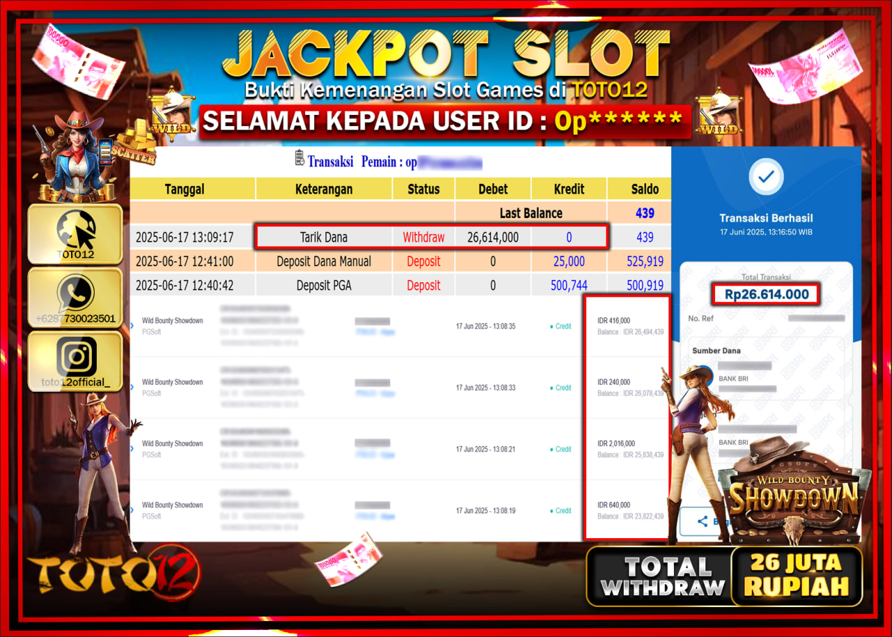 HANYA DI TOTO12 JP PASTI DI BAYAR LUNAS DAN CEPAT!!!!!! JACKPOT SLOT GAME (WILD BOUNTY SHOWDOWN) Rp.26.000.000 !!!!