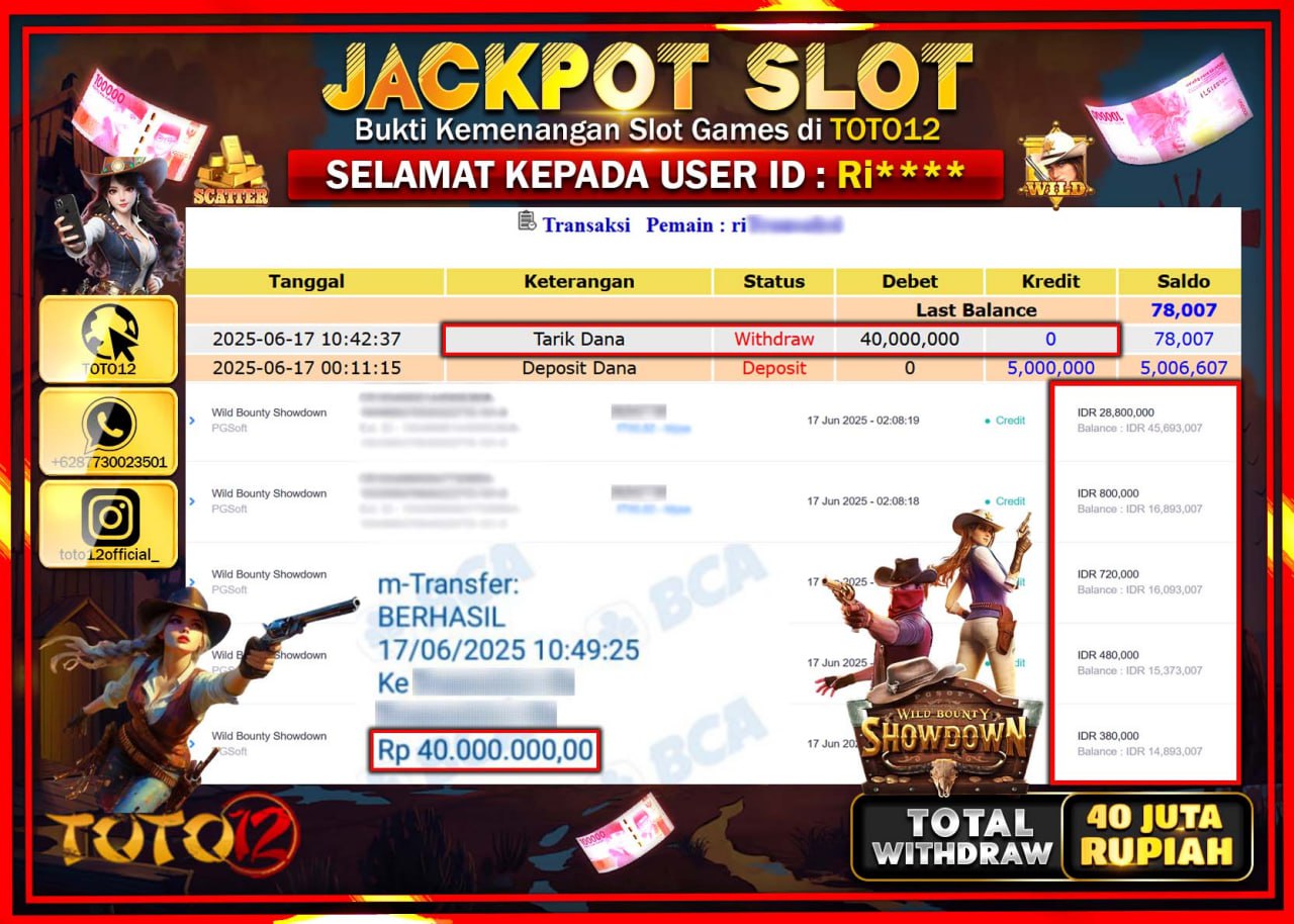 HANYA DI TOTO12 JP PASTI DI BAYAR LUNAS DAN CEPAT!!!!!! JACKPOT SLOT GAME (WILD BOUNTY SHOWDOWN) Rp.40.000.000 !!!!