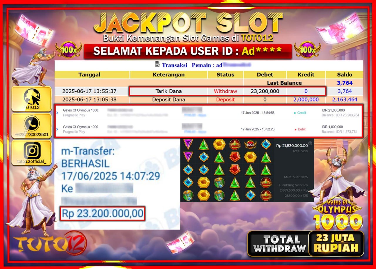 HANYA DI TOTO12 JP PASTI DI BAYAR LUNAS DAN CEPAT!!!!!! JACKPOT SLOT GAME (GATES OF OLYLMPUS 1000) Rp.23.000.000 !!!!