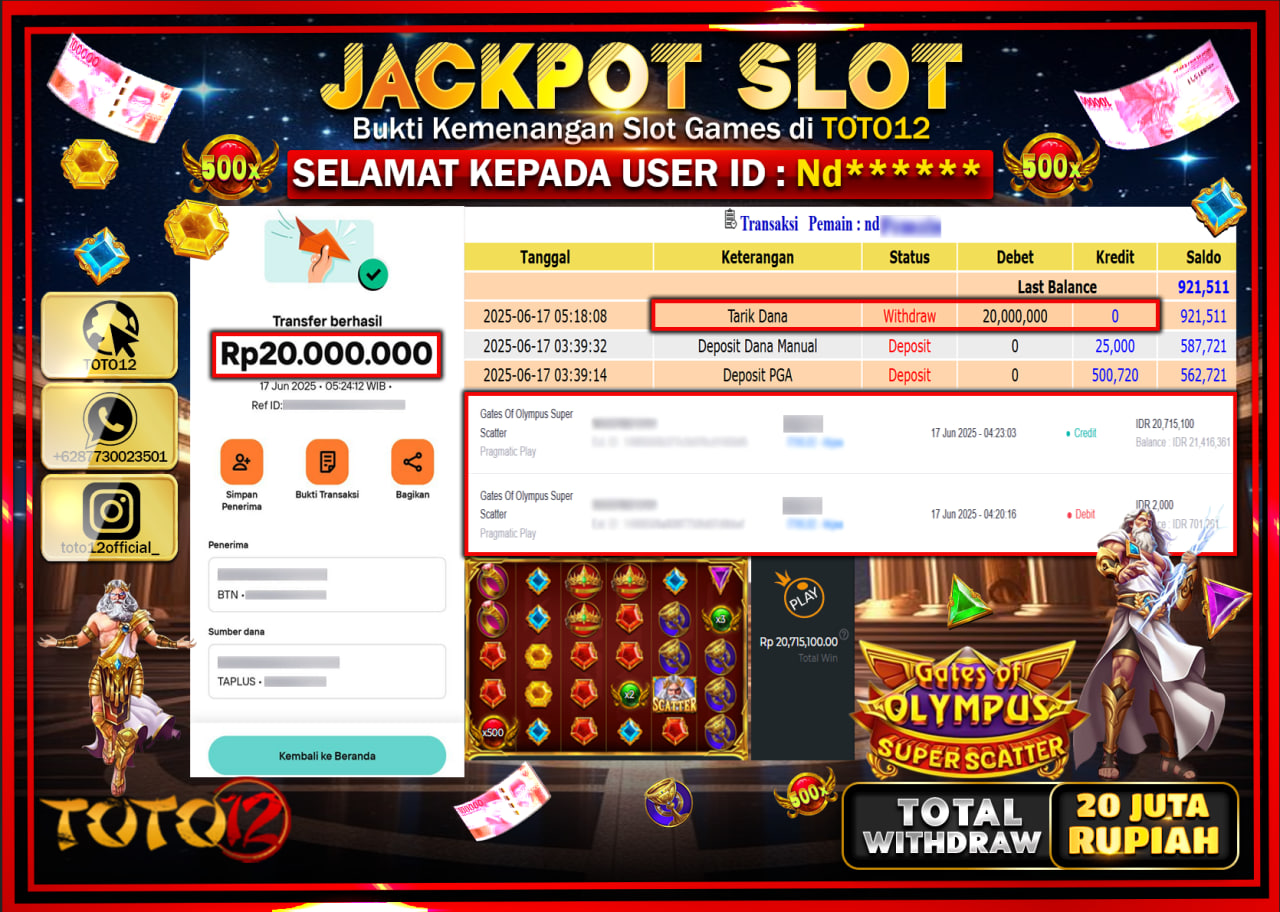 HANYA DI TOTO12 JP PASTI DI BAYAR LUNAS DAN CEPAT!!!!!! JACKPOT SLOT GAME (GATES OF OLYMPUS SUPER SCATTER) Rp.20.000.000 !!!!