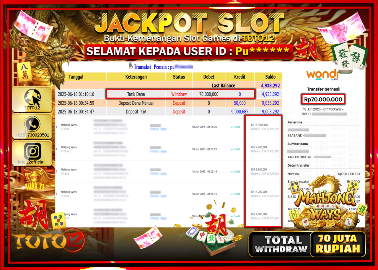 HANYA DI TOTO12 JP PASTI DI BAYAR LUNAS DAN CEPAT!!!!!! JACKPOT SLOT GAME (MAHJONG WAYS) Rp.70.000.000 !!!!
