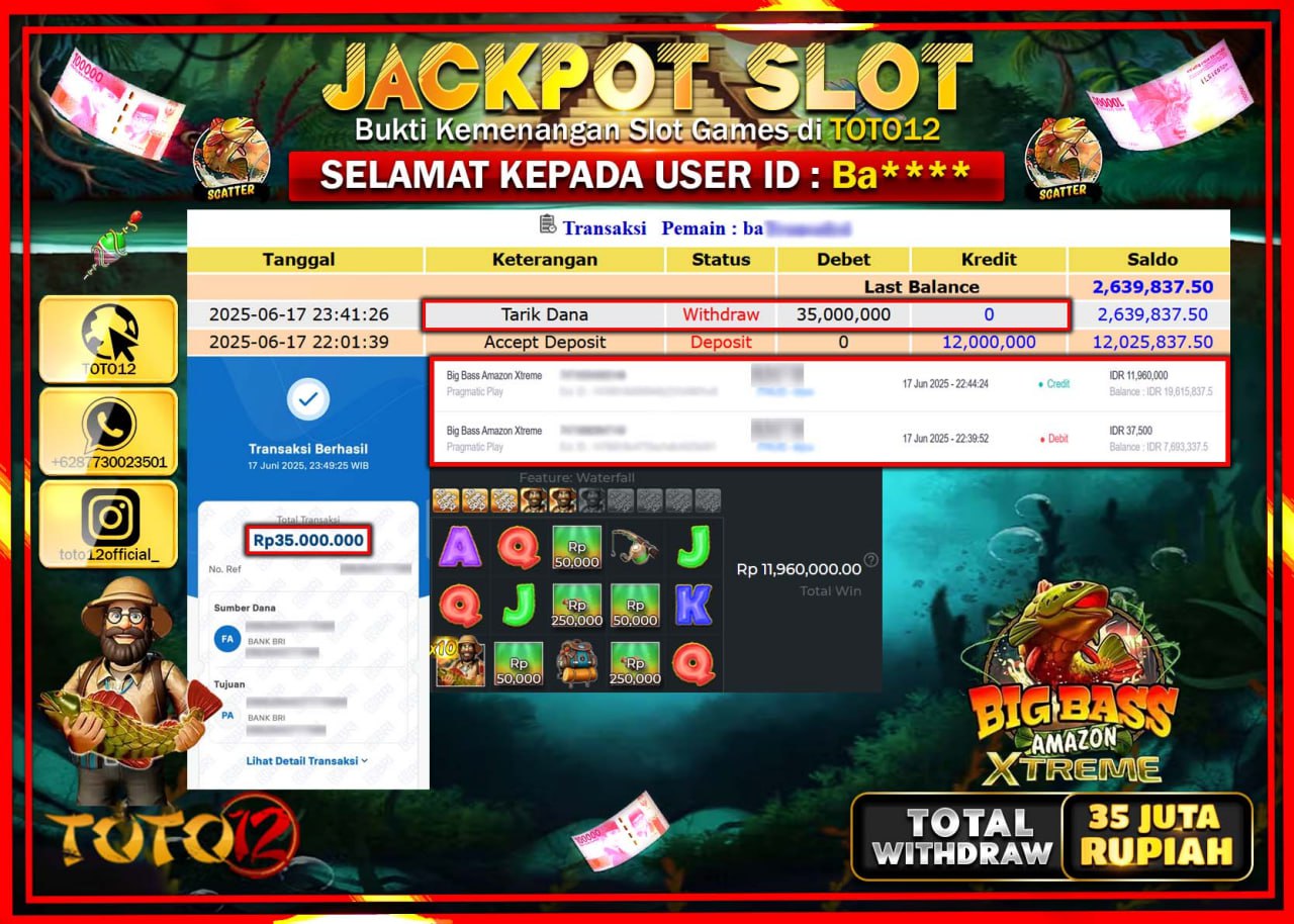 HANYA DI TOTO12 JP PASTI DI BAYAR LUNAS DAN CEPAT!!!!!! JACKPOT SLOT GAME (BIG BASS AMAZON XTREME) Rp.35.000.000 !!!!