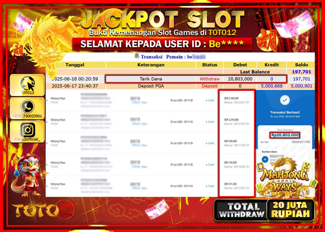 HANYA DI TOTO12 JP PASTI DI BAYAR LUNAS DAN CEPAT!!!!!! JACKPOT SLOT GAME (MAHJONG WAYS) Rp.20.000.000 !!!!