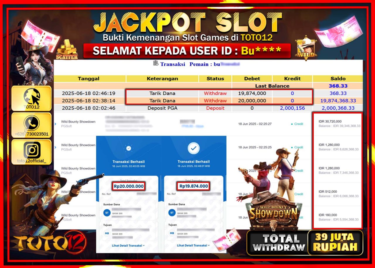 HANYA DI TOTO12 JP PASTI DI BAYAR LUNAS DAN CEPAT!!!!!! JACKPOT SLOT GAME (WILD BOUNTY SHOWDOWN) Rp.39.000.000 !!!!