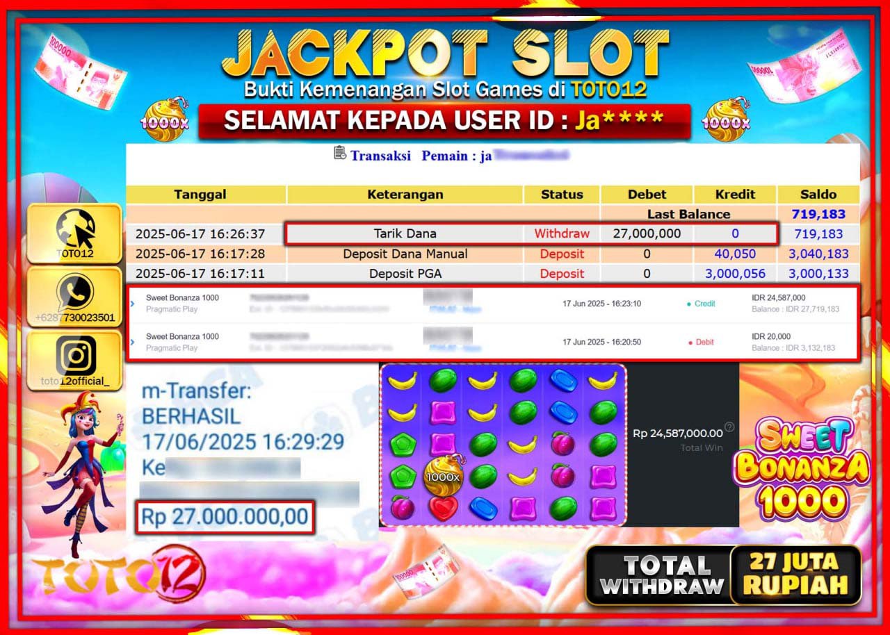 HANYA DI TOTO12 JP PASTI DI BAYAR LUNAS DAN CEPAT!!!!!! JACKPOT SLOT GAME (SWEET BONANZA 1000) Rp.27.000.000 !!!!
