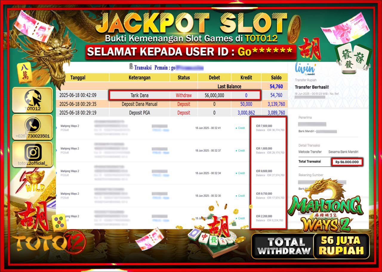 HANYA DI TOTO12 JP PASTI DI BAYAR LUNAS DAN CEPAT!!!!!! JACKPOT SLOT GAME (MAHJONG WAYS 2) Rp.56.000.000 !!!!