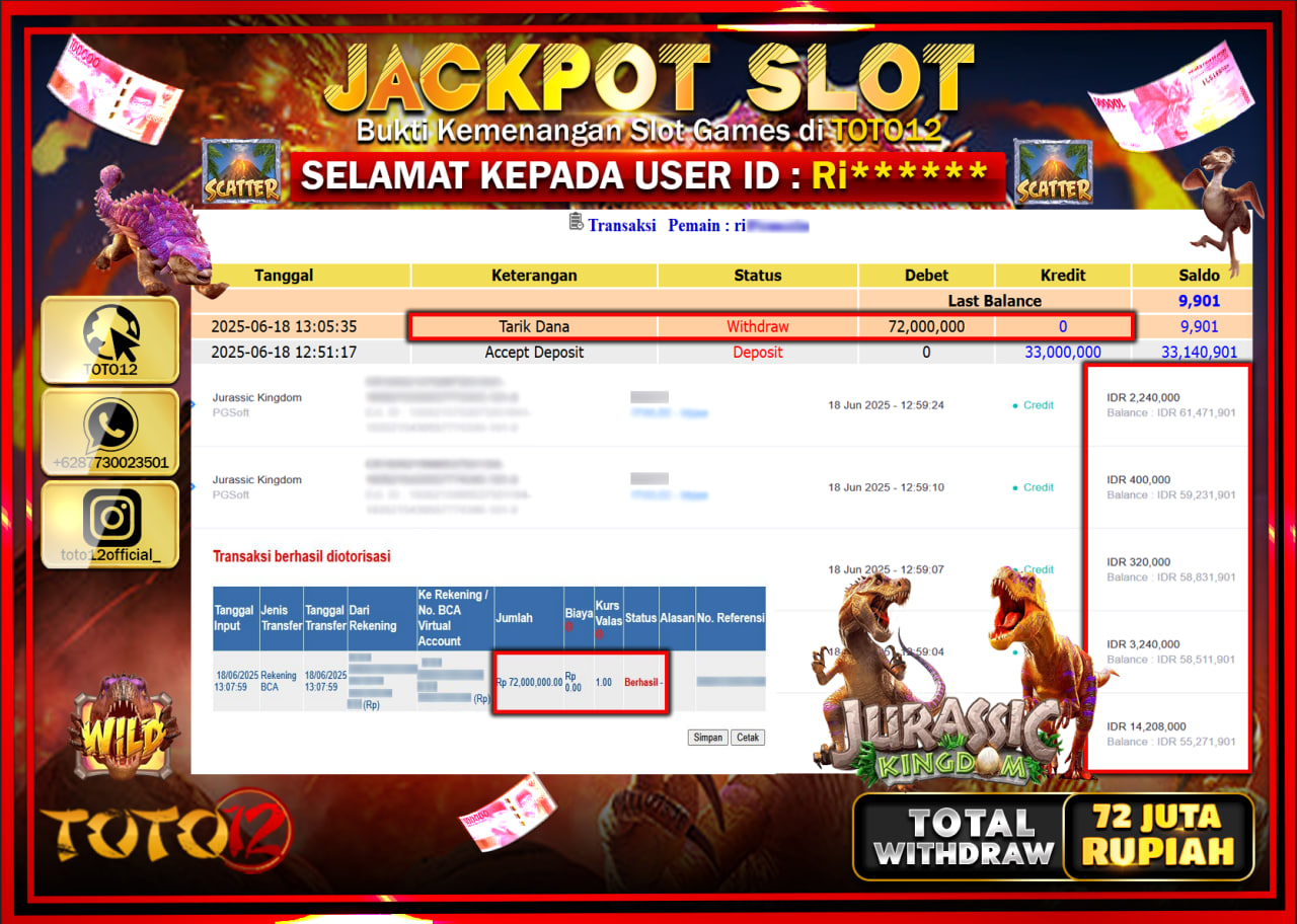 HANYA DI TOTO12 JP PASTI DI BAYAR LUNAS DAN CEPAT!!!!!! JACKPOT SLOT GAME (JURASSIC KINGDOM) Rp.72.000.000 !!!!