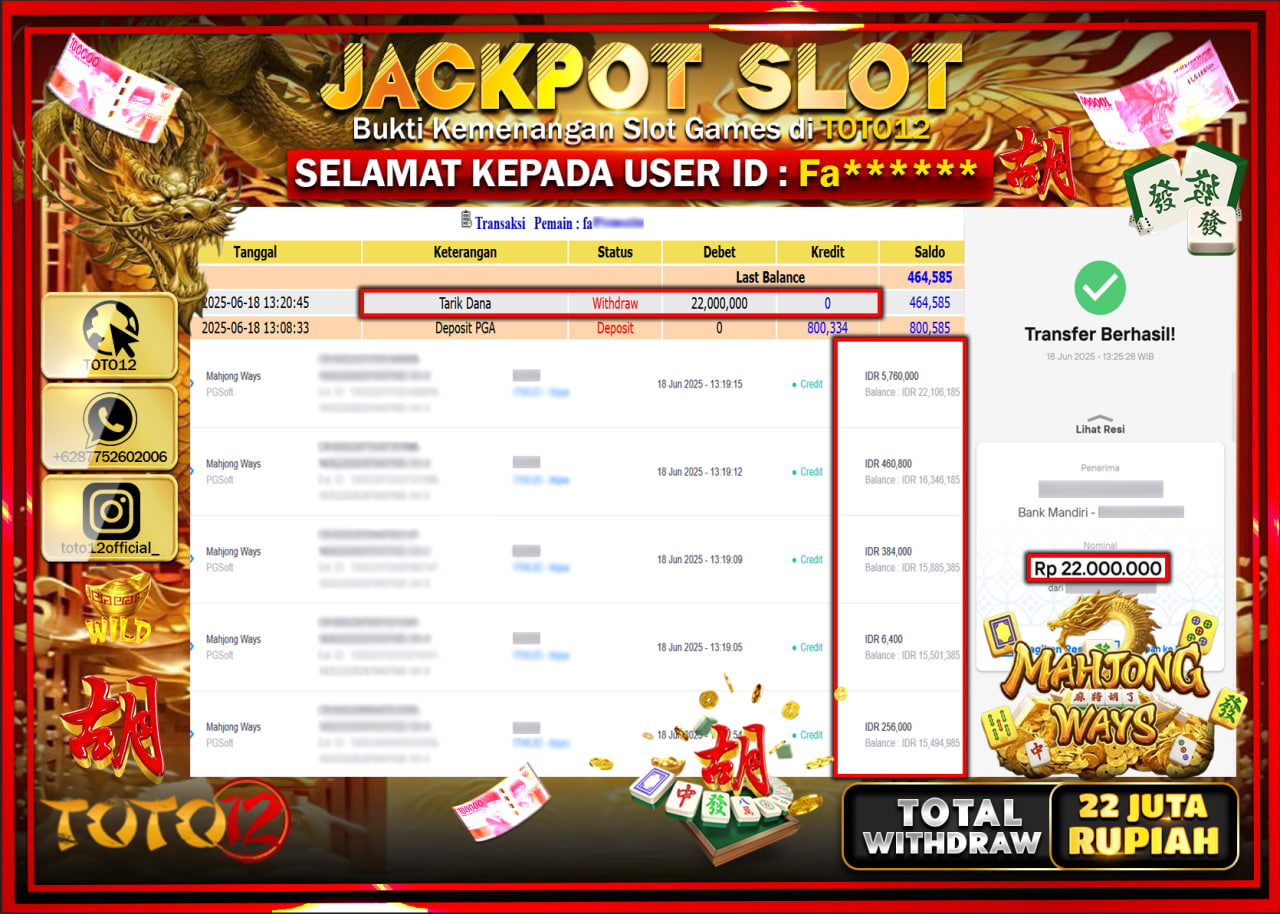 HANYA DI TOTO12 JP PASTI DI BAYAR LUNAS DAN CEPAT!!!!!! JACKPOT SLOT GAME (MAHJONG WAYS) Rp.22.000.000 !!!!
