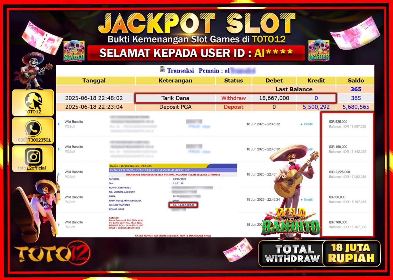 HANYA DI TOTO12 JP PASTI DI BAYAR LUNAS DAN CEPAT!!!!!! JACKPOT SLOT GAME (WILD BANDITO) Rp.18.000.000 !!!!