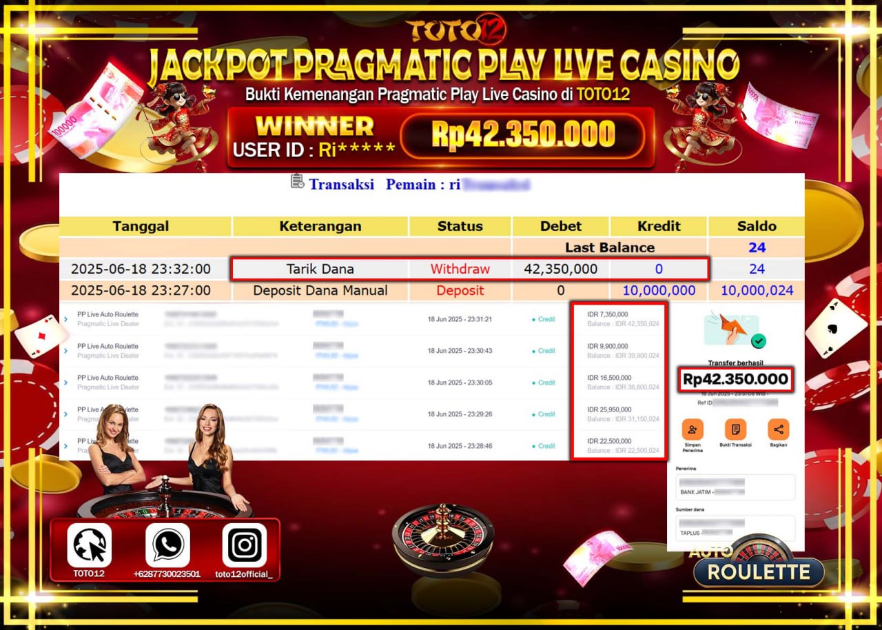 HANYA DI TOTO12 JP PASTI DI BAYAR LUNAS DAN CEPAT!!!!!! JACKPOT PRAGMATIC PLAY LIVE CASINO (AUTO ROULETTE) Rp.42.350.000 !!!!