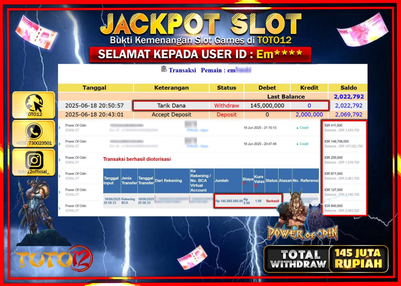 HANYA DI TOTO12 JP PASTI DI BAYAR LUNAS DAN CEPAT!!!!!! JACKPOT SLOT GAME (POWER OF ODIN) Rp.145.000.000 !!!!