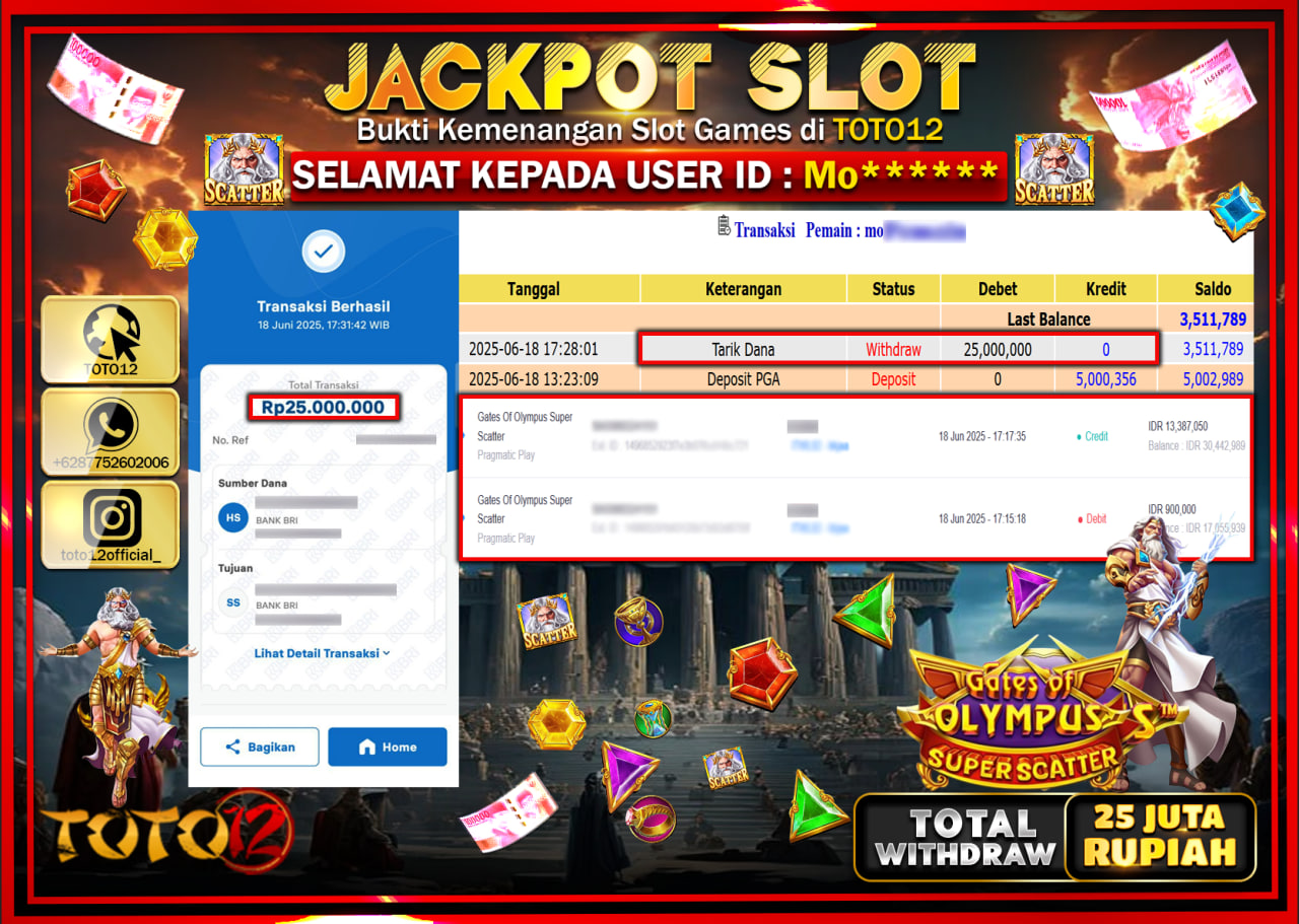 HANYA DI TOTO12 JP PASTI DI BAYAR LUNAS DAN CEPAT!!!!!! JACKPOT SLOT GAME (GATES OF OLYMPUS SUPER SCATTER) Rp.25.000.000 !!!!