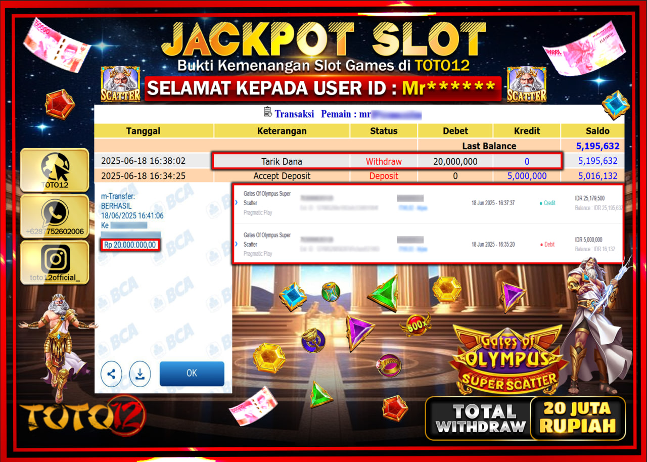 HANYA DI TOTO12 JP PASTI DI BAYAR LUNAS DAN CEPAT!!!!!! JACKPOT SLOT GAME (GATES OF OLYMPUS SUPER SCATTER) Rp.20.000.000 !!!!
