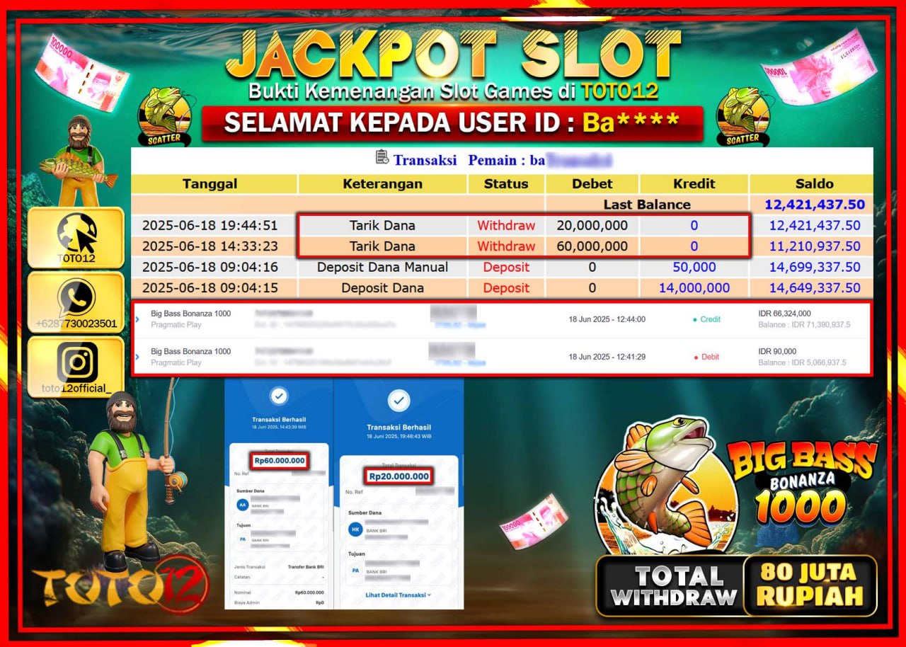 HANYA DI TOTO12 JP PASTI DI BAYAR LUNAS DAN CEPAT!!!!!! JACKPOT SLOT GAME (BIG BASS BONANZA 1000) Rp.80.000.000 !!!!