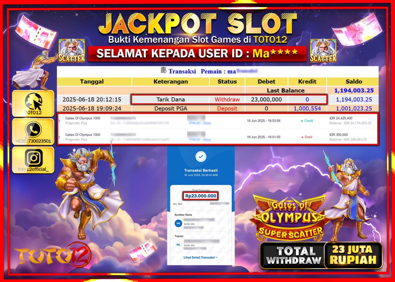 HANYA DI TOTO12 JP PASTI DI BAYAR LUNAS DAN CEPAT!!!!!! JACKPOT SLOT GAME (GATES OF OLYMPUS SUPER SCATTER) Rp.23.000.000 !!!!