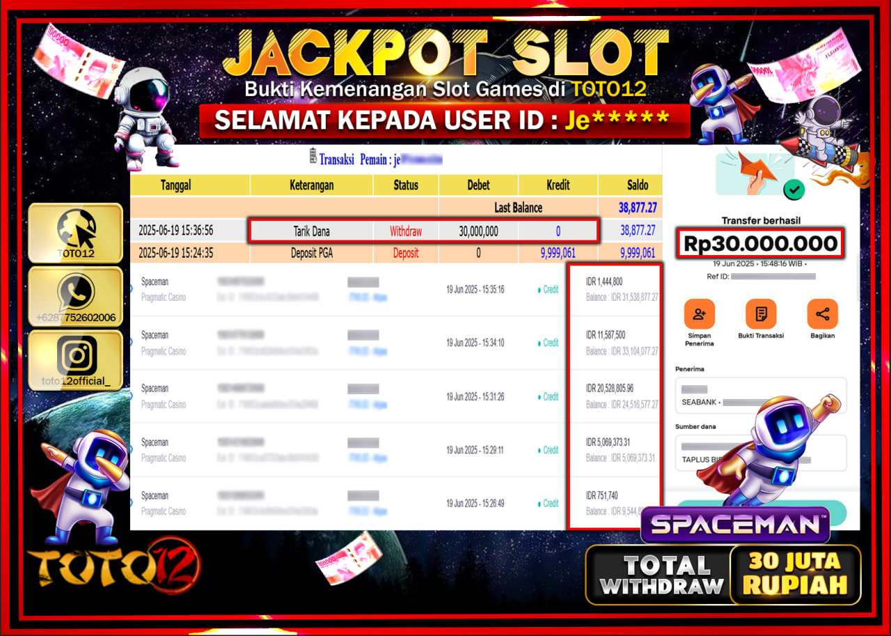HANYA DI TOTO12 JP PASTI DI BAYAR LUNAS DAN CEPAT!!!!!! JACKPOT SLOT GAME (SPACEMAN) Rp.30.000.000 !!!!
